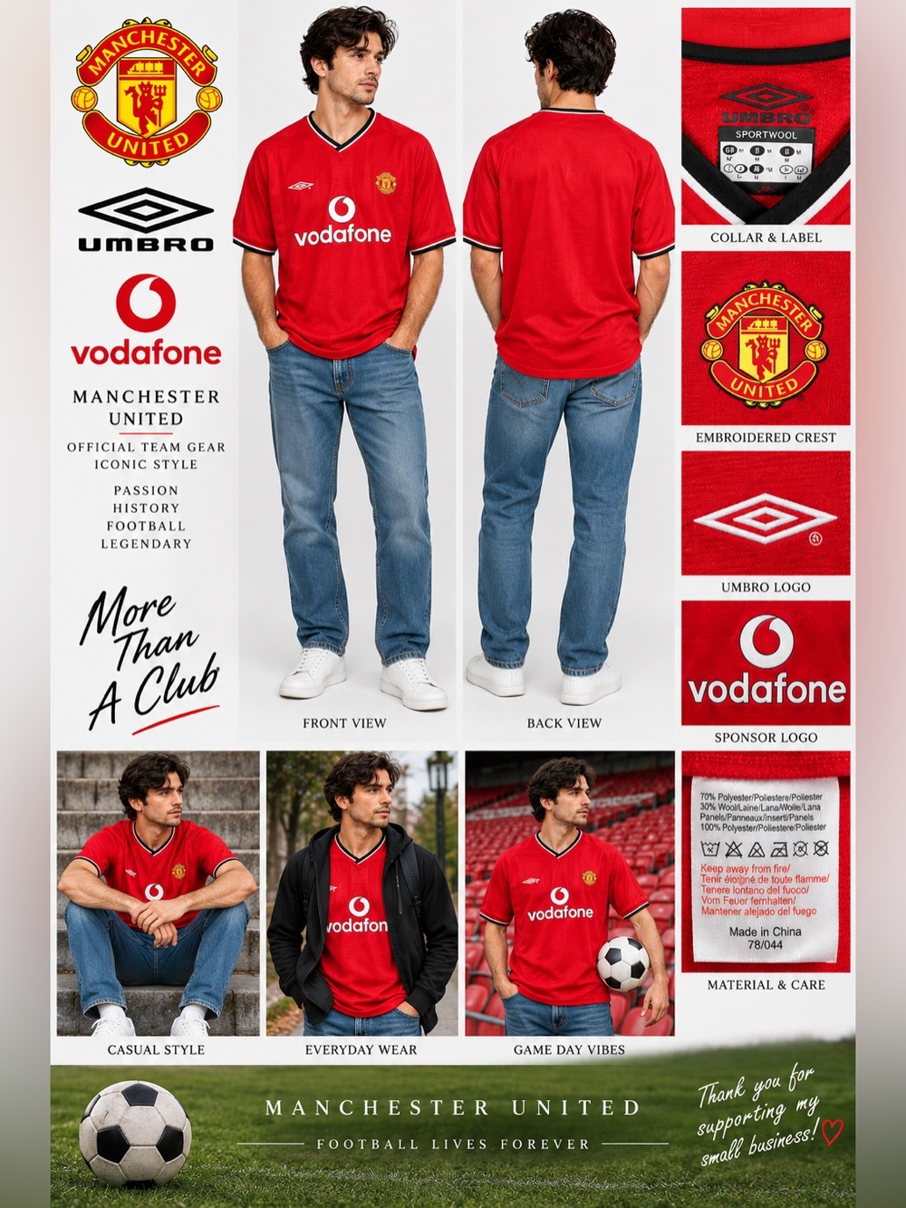 Manchester United Umbro Vodafone Soccer Jersey Men’s M Red 40” Y2K Football